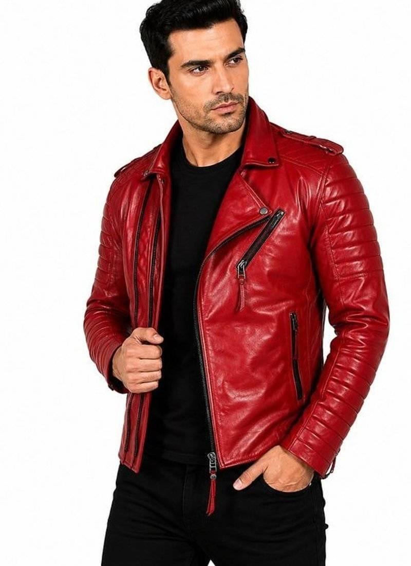 Men's red leather jacket real lambskin motorcycle style quilted jacket