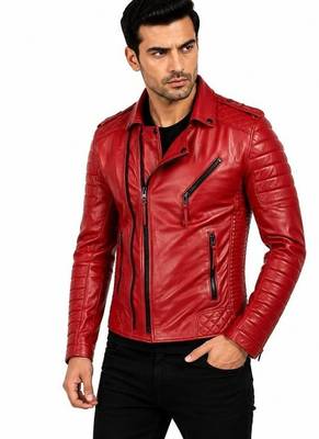 Men's red leather jacket real lambskin motorcycle style quilted jacket 2