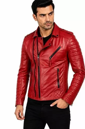 Men's red leather jacket real lambskin motorcycle style quilted jacket