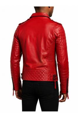 Men's red leather jacket real lambskin motorcycle style quilted jacket 3