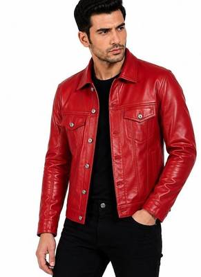 Men's biker red leather jacket casual style lambskin trucker jacket 1