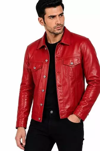 Men's biker red leather jacket casual style lambskin trucker jacket