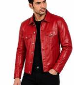 Men's biker red leather jacket casual style lambskin trucker jacket