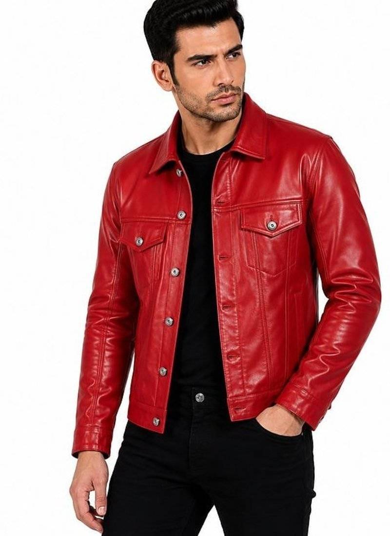 Men's biker red leather jacket casual style lambskin trucker jacket