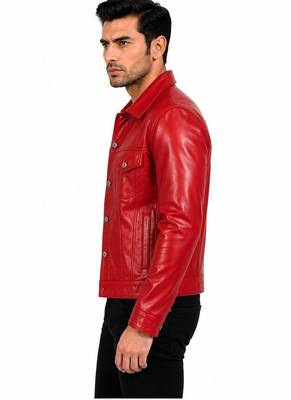 Men's biker red leather jacket casual style lambskin trucker jacket 2