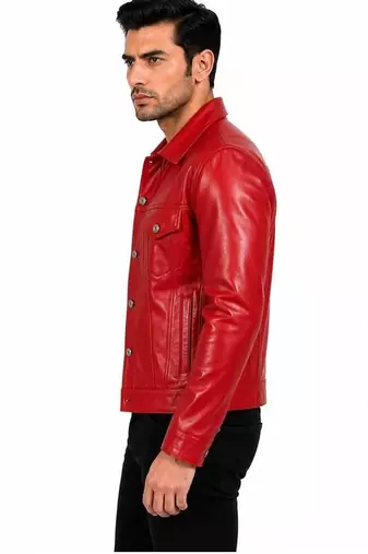 Men's biker red leather jacket casual style lambskin trucker jacket
