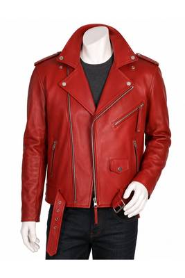 Men's red leather biker jacket premium quality lambskin belted style 1