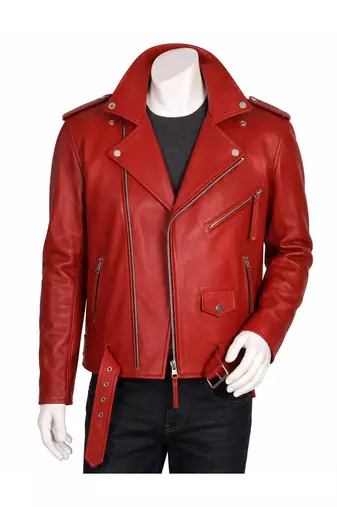 Men's red leather biker jacket premium quality lambskin belted style