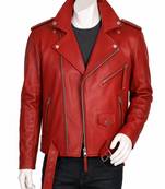 Men's red leather biker jacket premium quality lambskin belted style