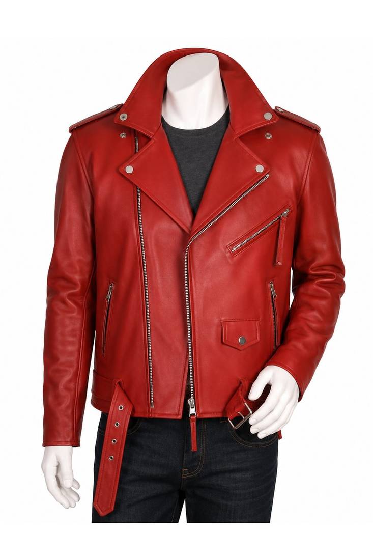 Men's red leather biker jacket premium quality lambskin belted style