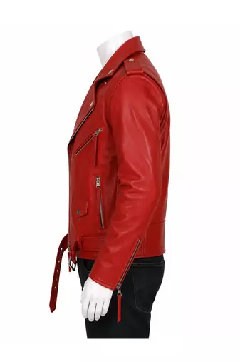 Men's red leather biker jacket premium quality lambskin belted style