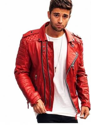 Men's red leather jacket smart casual wear quilted biker jackets 1