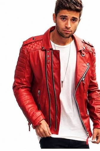 Men's red leather jacket smart casual wear quilted biker jackets