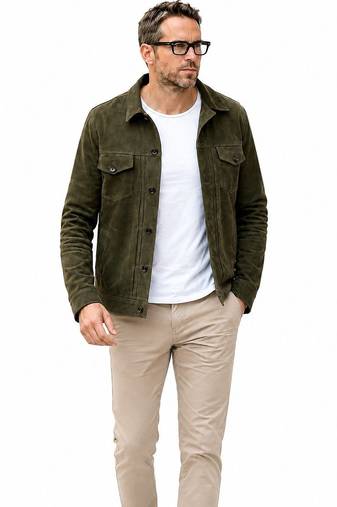 Olive green suede lambskin leather jacket men's iconic look biker