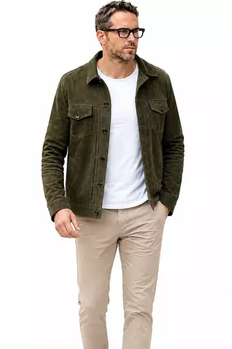 Olive green suede lambskin leather jacket men's iconic look biker
