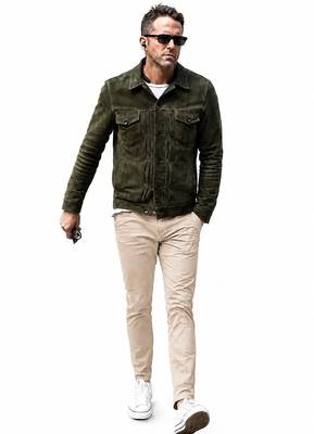 Olive green suede lambskin leather jacket men's iconic look biker 3
