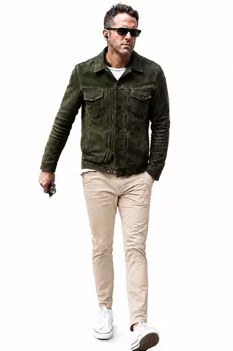 Olive green suede lambskin leather jacket men's iconic look biker