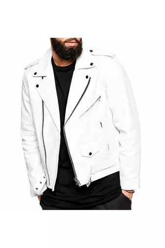 Men's biker leather jacket lambskin style white jacket urban fashion