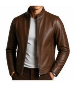 Men's brown leather jacket real lambskin daily wear biker jacket