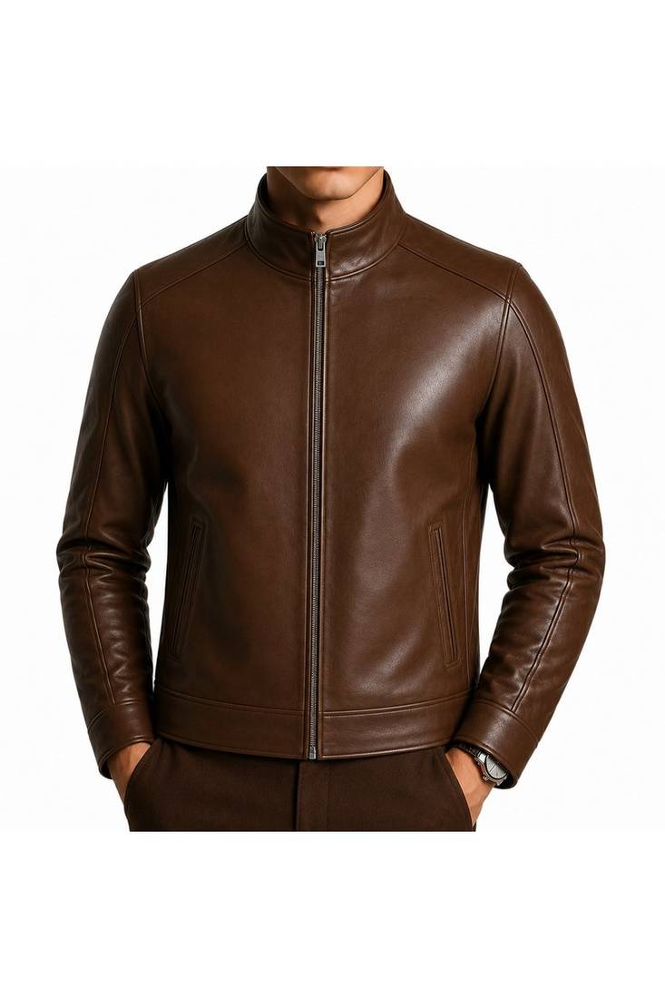 Men's brown leather jacket real lambskin daily wear biker jacket
