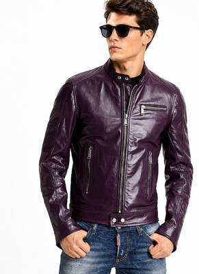 Men's biker leather jacket premium lambskin stand collar purple jacket 1