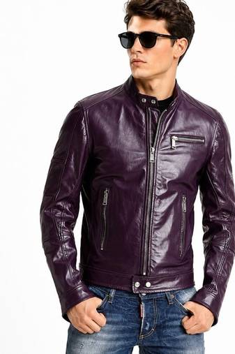 Men's biker leather jacket premium lambskin stand collar purple jacket