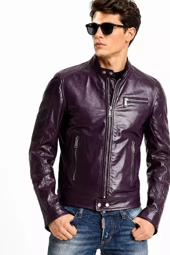 Men's biker leather jacket premium lambskin stand collar purple jacket