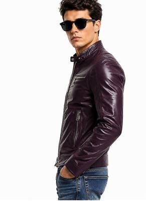 Men's biker leather jacket premium lambskin stand collar purple jacket 2