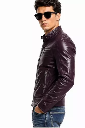 Men's biker leather jacket premium lambskin stand collar purple jacket