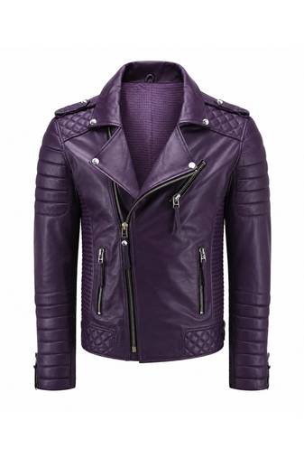 Men's purple leather biker jacket everyday party wear quilted jacket