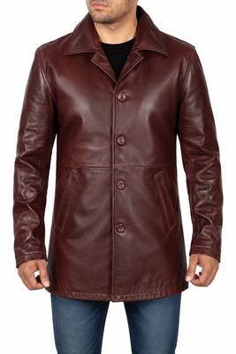 Men's burgundy leather coat real fashion outerwear buttoned coat 1