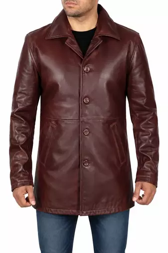 Men's burgundy leather coat real fashion outerwear buttoned coat