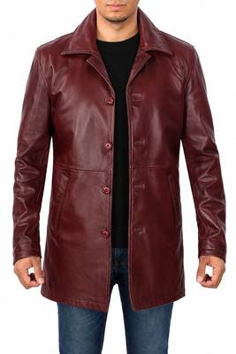 Men's burgundy leather coat real fashion outerwear buttoned coat 2