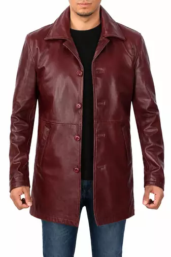 Men's burgundy leather coat real fashion outerwear buttoned coat