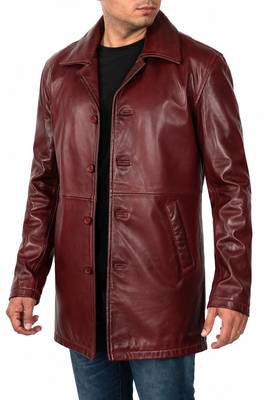Men's burgundy leather coat real fashion outerwear buttoned coat 3
