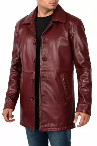 Men's burgundy leather coat real fashion outerwear buttoned coat
