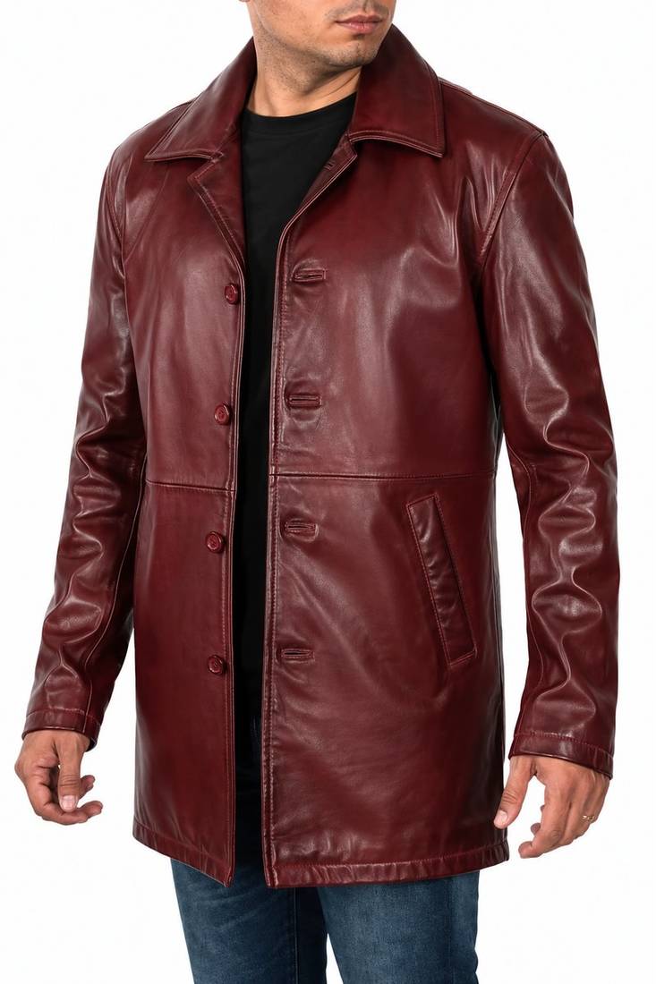 Men's burgundy leather coat real fashion outerwear buttoned coat