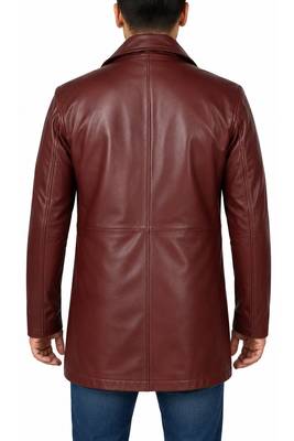 Men's burgundy leather coat real fashion outerwear buttoned coat 4