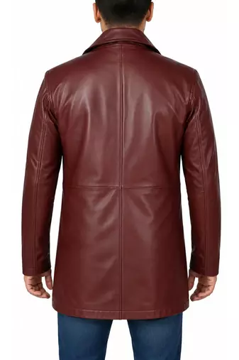 Men's burgundy leather coat real fashion outerwear buttoned coat