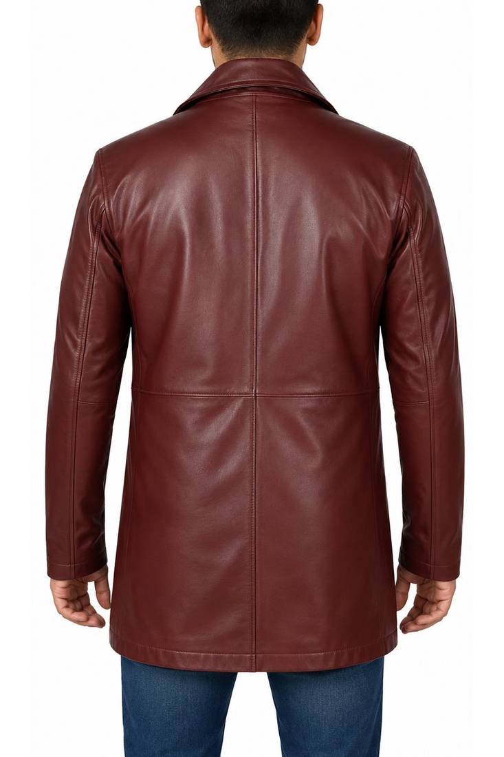 Men's burgundy leather coat real fashion outerwear buttoned coat