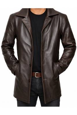 Men's brown leather coat casual style lambskin buttoned coat 1