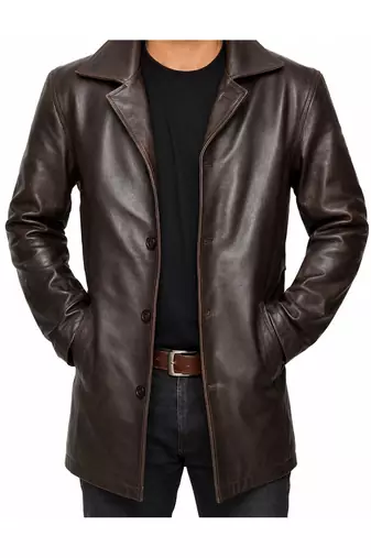Men's brown leather coat casual style lambskin buttoned coat