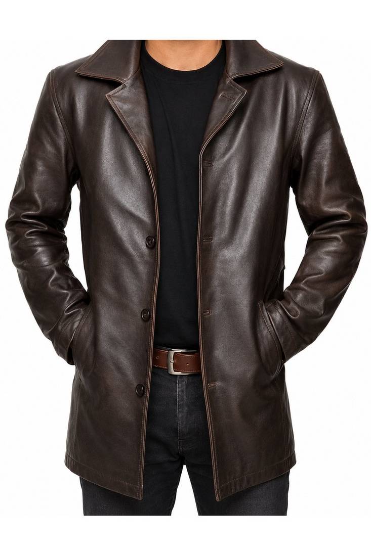 Men's brown leather coat casual style lambskin buttoned coat