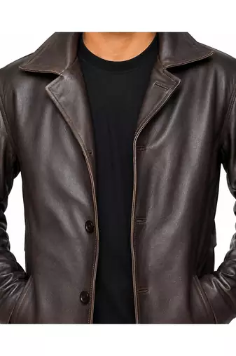 Men's brown leather coat casual style lambskin buttoned coat