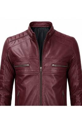 Men's burgundy leather biker jacket vintage style real lambskin jacket 1
