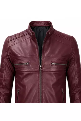 Men's burgundy leather biker jacket vintage style real lambskin jacket