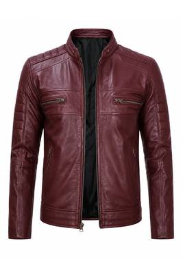 Men's burgundy leather biker jacket vintage style real lambskin jacket 2