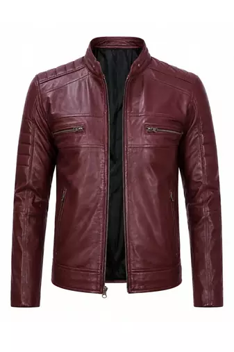 Men's burgundy leather biker jacket vintage style real lambskin jacket
