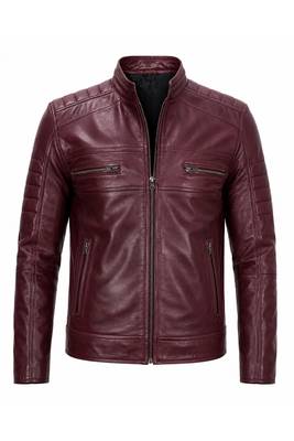 Men's burgundy leather biker jacket vintage style real lambskin jacket 3