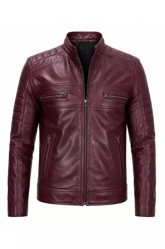 Men's burgundy leather biker jacket vintage style real lambskin jacket